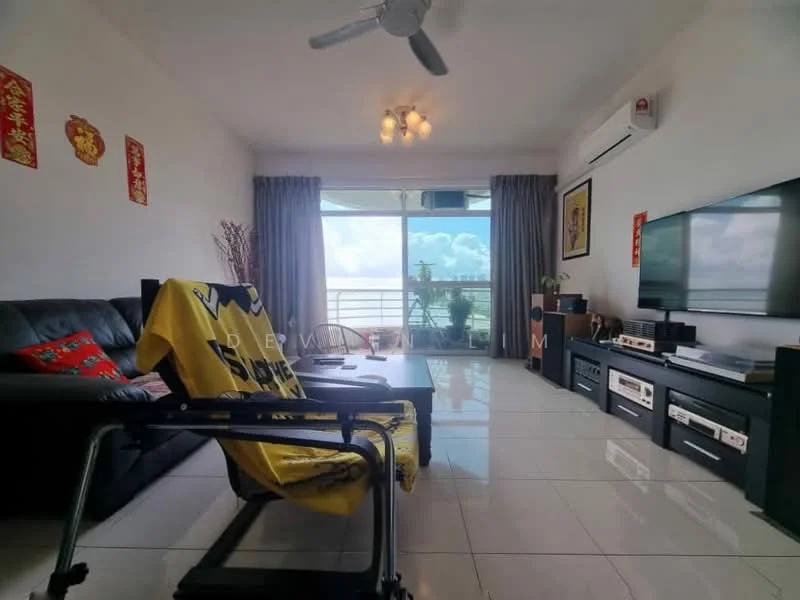 Living features: black leather sofa, 3-seater sofa, ceiling fan, recessed downlights, wall-mounted TV, TV console, glass coffee table, white tiled flooring, floor-to-ceiling windows, curtains, decorative wall art, potted plants, balcony view; style: modern; view: city.