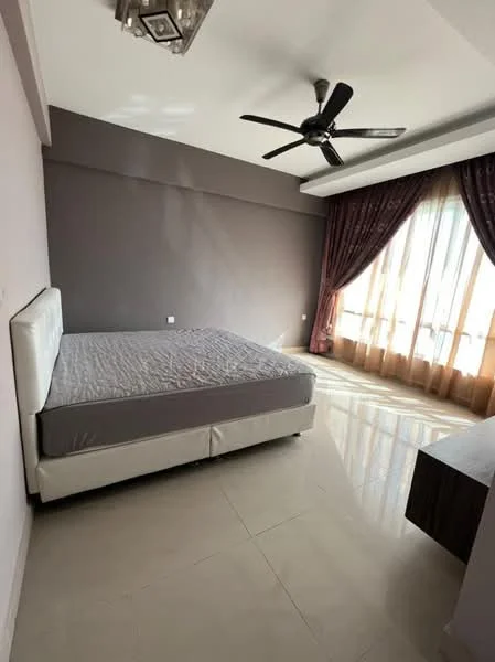 Bedroom features: king-size bed with white upholstered frame, grey mattress, floor-to-ceiling windows, sheer curtains, dark red curtains, 5-blade ceiling fan, glossy tile flooring, accent wall in dark grey, decorative light fixture; style: modern; view: city.