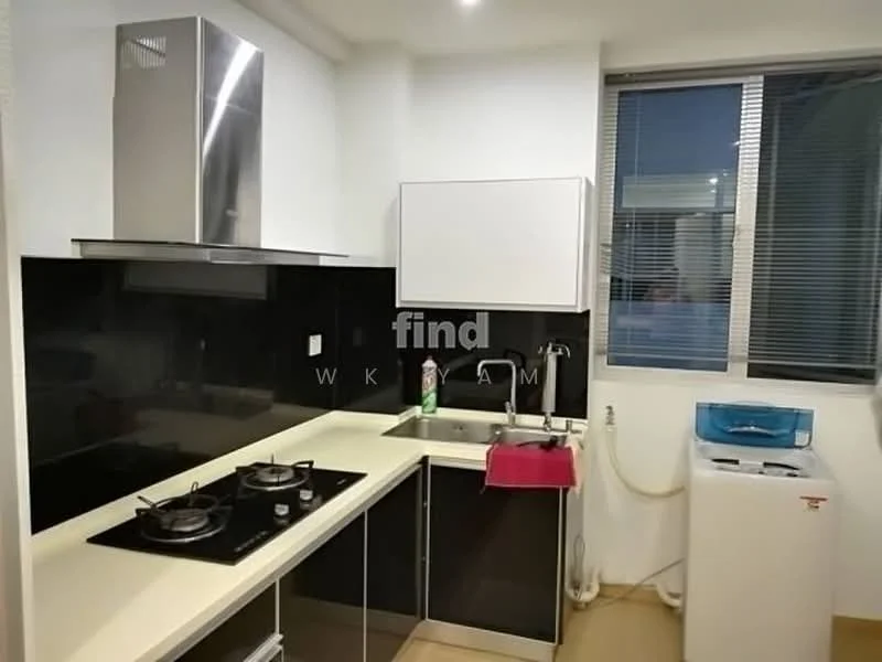 Kitchen features: black glossy cabinetry, white countertop, stainless-steel range hood, 2-burner gas hob, single-bowl stainless-steel sink, chrome pull-down faucet, window with blinds, washing machine, tile flooring, white wall, black backsplash; style: modern.