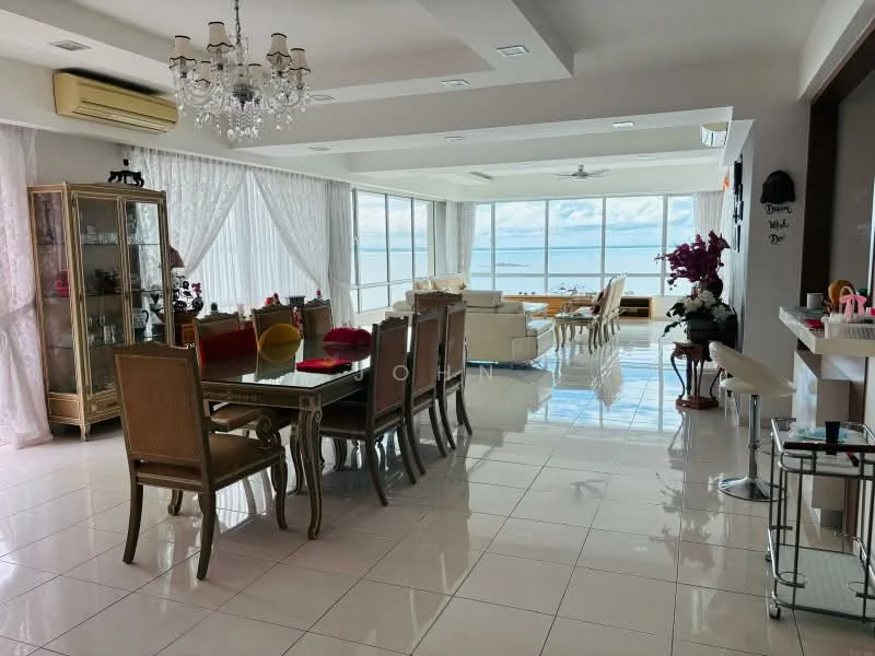 Living features: floor-to-ceiling windows, white painted walls, polished ceramic tile flooring, chandelier, 5-blade ceiling fan, sofa set, dining table with chairs, glass display cabinet, decorative plants, area rug, open layout, ocean view; style: modern; view: sea.