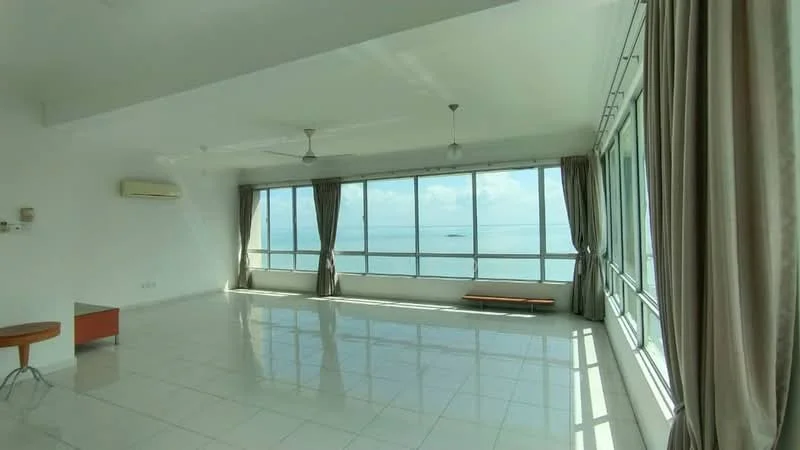 Living features: floor-to-ceiling windows, white painted walls, polished tile flooring, 2-blade ceiling fan, sheer curtains, ocean view, bench seating by window, air conditioning unit; style: modern; view: sea.