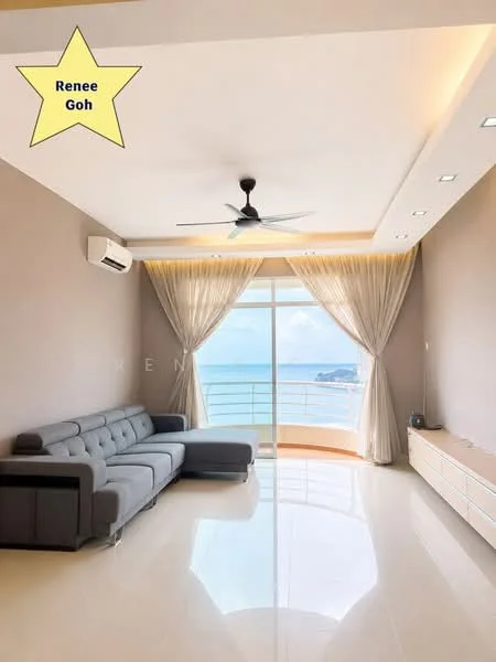 Living features: grey fabric sectional sofa, floor-to-ceiling windows, sheer curtains, recessed LED downlights, 5-blade ceiling fan, white wall-mounted TV console, glossy tile flooring, ocean view; style: modern; view: sea.