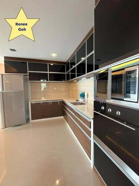Kitchen features: dark wood cabinetry, black high-gloss cabinet doors, white quartz countertop, stainless-steel fridge, built-in oven, microwave oven, single-bowl stainless-steel sink, chrome pull-down faucet, ceramic tile backsplash, recessed downlights, pendant lighting, cream-colored walls, large window for natural light, open layout; style: modern.