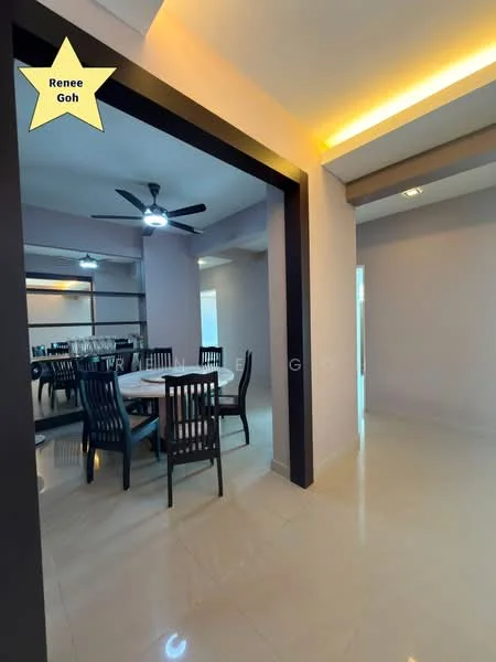 Dining features: round dining table, 8 dining chairs, ceiling fan with light, recessed lighting, white walls, glossy tile flooring, open layout to living area, decorative wall trim; style: modern. Room features: white walls, glossy tile flooring, open layout, natural light from adjacent room.