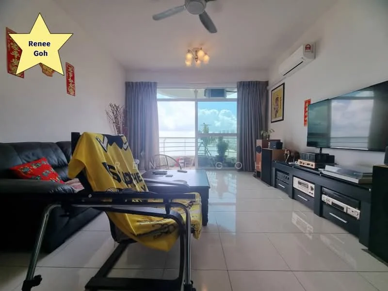 Living features: black leather sofa, coffee table, wall-mounted TV, TV console, recessed downlights, 5-blade ceiling fan, floor-to-ceiling windows, curtains, white painted walls, tile flooring, decorative artwork, air conditioning unit; style: modern; view: city.