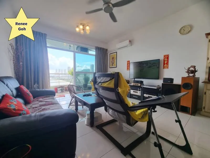 Living features: 3-seater fabric sofa in black, coffee table, wall-mounted TV, TV console, ceiling fan, sliding glass door, floor-to-ceiling windows, curtains, decorative wall clock, wall-mounted speakers, tile flooring, decorative artwork, area rug; style: modern; view: city.