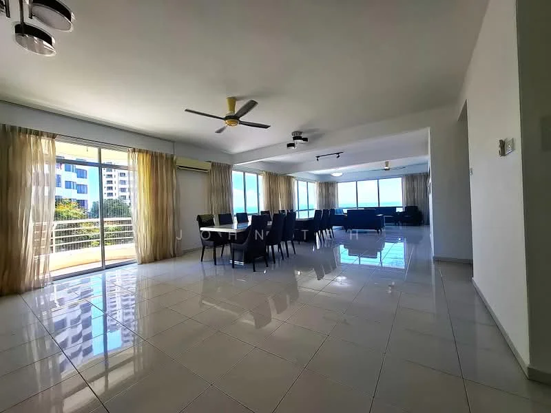 Living features: large floor-to-ceiling windows, sliding glass door, cream painted walls, white tiled flooring, 5-blade ceiling fan with light, dining table with black chairs, curtains, open layout, natural light, view of greenery; style: modern; view: garden.