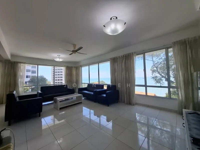 Living features: white painted walls, glossy tile flooring, 5-blade ceiling fan with light, large floor-to-ceiling windows, sheer curtains, black leather sofas, glass coffee table, TV console, ocean view; style: modern; view: sea.