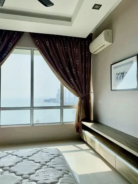 Bedroom features: floor-to-ceiling windows, city view, 5-blade ceiling fan, cream painted walls, wooden flooring, curtains with circular pattern, wall-mounted air conditioning unit, wooden TV console; style: modern; view: city.