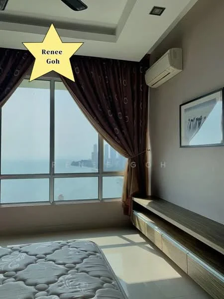 Bedroom features: floor-to-ceiling windows, city view, dark brown curtains, light-colored walls, ceiling with recessed lighting, wall-mounted air conditioning unit, wooden TV console, queen-size bed with mattress; style: modern; view: city.