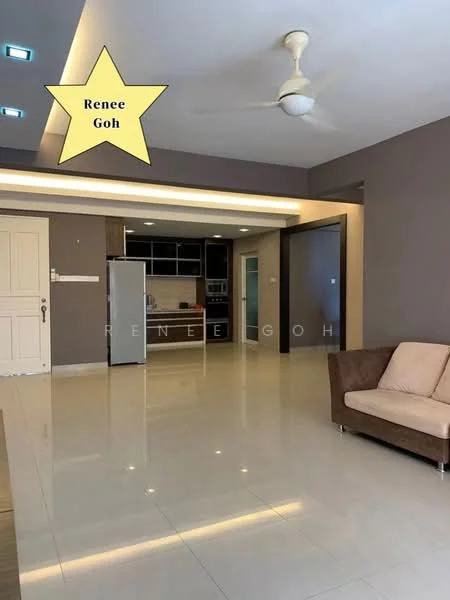 Living features: cream painted walls, white ceiling with recessed downlights, 5-blade ceiling fan, glossy tile flooring, large sliding glass door, brown fabric sofa, wooden coffee table, open layout with kitchen visible, kitchen cabinetry in dark wood, stainless-steel fridge; style: modern.