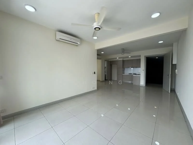 Living features: white painted walls, glossy ceramic tile flooring, 5-blade ceiling fan with light, wall-mounted split AC, recessed LED downlights, open layout to kitchen, large windows for natural light, neutral color scheme; style: modern. Kitchen features: open kitchen layout, white cabinetry, stainless-steel appliances, countertop space, tile backsplash; style: modern.