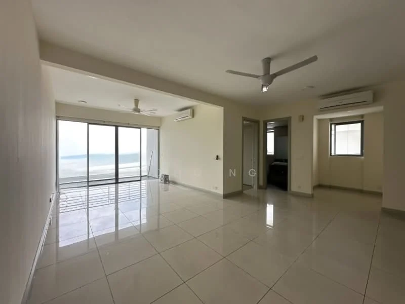 Living features: white painted walls, glossy ceramic tile flooring, 5-blade ceiling fan with light, floor-to-ceiling sliding glass doors, sea view, recessed downlights, air conditioning unit, neutral color scheme; style: modern; view: sea. Room features: glossy ceramic tile flooring, air conditioning unit, window with natural light.