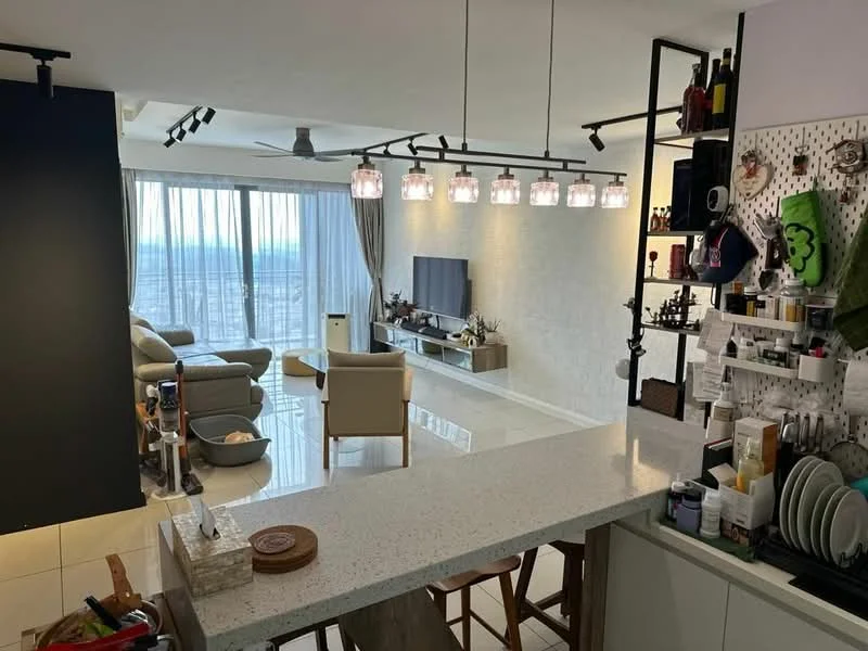 Kitchen features: white quartz countertop, bar seating with wooden stools, open shelving, kitchen appliances visible, kitchen utensils and containers, under-cabinet lighting; style: modern. Living features: light grey leather sofa, 2-seater fabric sofa in beige, coffee table, wall-mounted TV, entertainment unit, recessed downlights, 5-blade ceiling fan, floor-to-ceiling windows, curtains, decorative wall with light texture; style: modern; view: city.