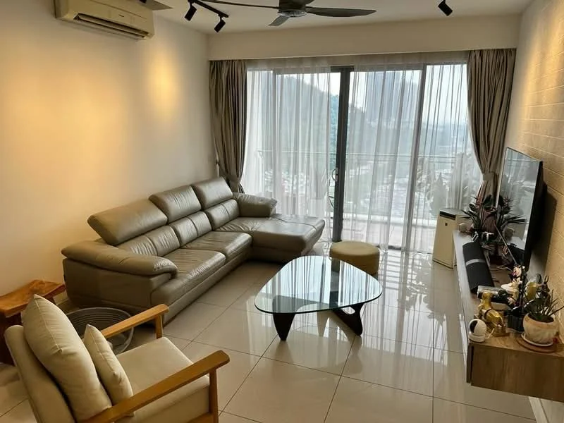 Living features: 3-seater leather sofa in light beige, 2-seater wooden armchair, glass coffee table with black base, wall-mounted TV, TV console, floor-to-ceiling windows, sheer curtains, mountain view, recessed downlights, air conditioning unit, polished ceramic tile flooring, decorative plants; style: modern; view: mountain.