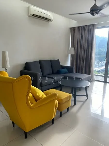 Living features: grey fabric sofa, yellow accent chair, round coffee table, floor-to-ceiling windows, curtains, wall-mounted split AC, light-colored walls, glossy tile flooring, ceiling fan; style: modern; view: mountain.