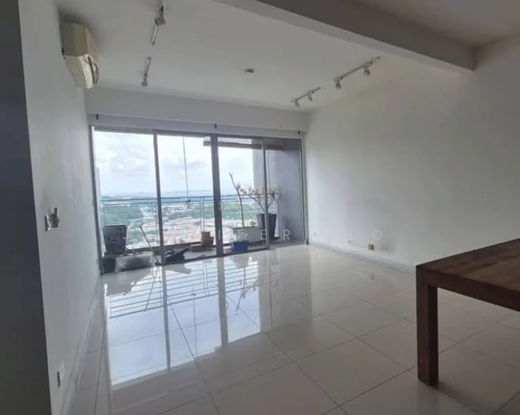 Living features: white painted walls, glossy ceramic tile flooring, floor-to-ceiling windows, sliding glass door, city view, recessed downlights, air conditioning unit, decorative plant in pot, wooden dining table; style: modern; view: city.