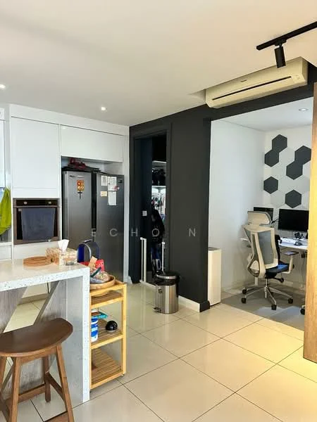 Kitchen features: white cabinetry, stainless-steel fridge, built-in oven, ceramic tile flooring, white countertop, kitchen island with seating, modern pendant lighting, recessed downlights, open shelving, wall-mounted air conditioning unit; style: modern. Study features: desk with computer, ergonomic office chair, hexagonal wall pattern, recessed lighting, floor-to-ceiling windows, black accent wall; style: modern.