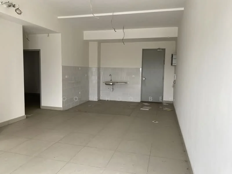 Room features: white painted walls, grey tiled flooring, single wall-mounted sink, door with handle, light fixtures with exposed wiring, no visible furniture or decor; style: minimalist.
