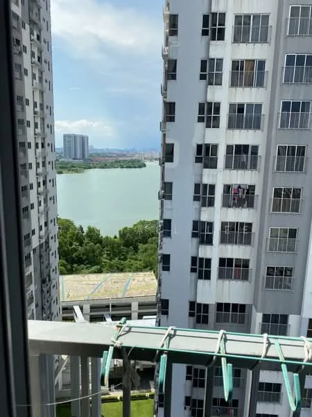 Exterior type: high-rise condominium; features: glass curtain wall, balconies, surrounded by greenery, view of water, city skyline in background; style: modern.