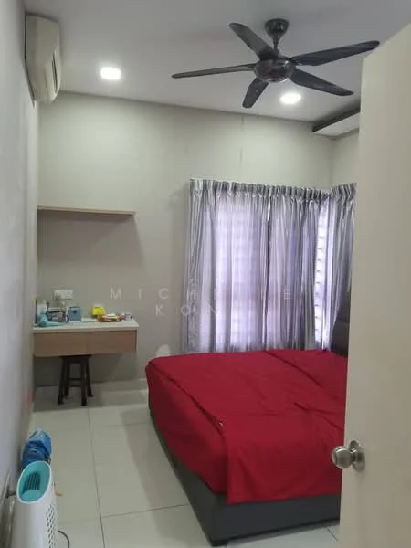 Bedroom features: king-size bed with red bedding, wall-mounted air conditioning unit, 5-blade ceiling fan with light, floor-to-ceiling windows with sheer curtains, light grey painted walls, white tiled flooring, wooden desk with chair, built-in wardrobe, decorative wall shelf; style: modern.