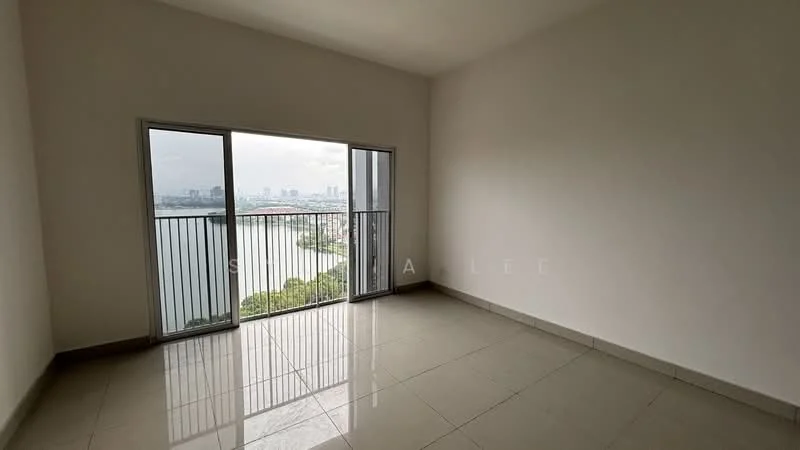 Room features: large floor-to-ceiling windows, sliding glass door, grey tiled flooring, plain white walls, balcony with railing, city skyline view; style: modern; view: city.