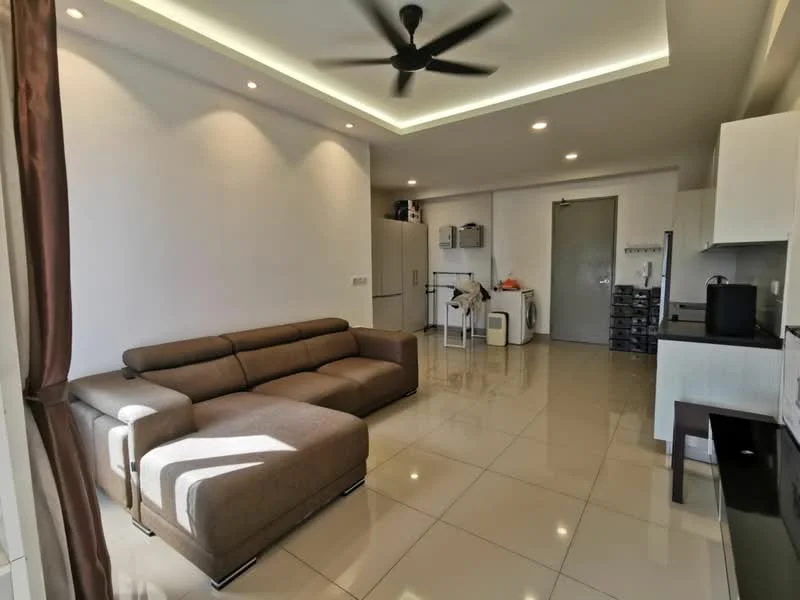 Living features: L-shape sectional sofa in brown, ceiling fan, recessed downlights, white painted walls, glossy tile flooring, TV console, wall-mounted TV, open layout to kitchen, large window with natural light, decorative wall panel, dining table with chairs, kitchen cabinets; style: modern.