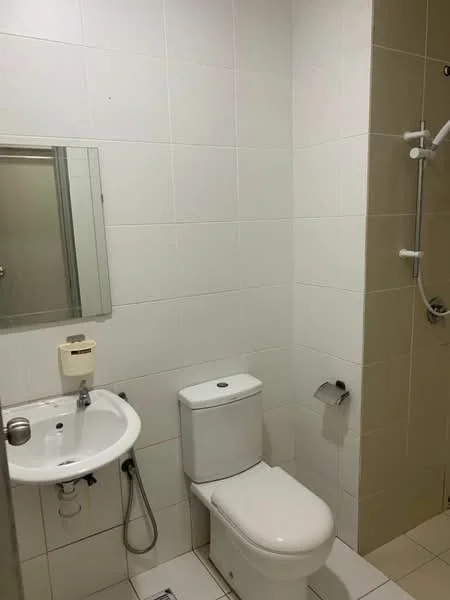 Bathroom features: white tiled walls, white tiled flooring, one-piece toilet, chrome basin mixer, single-sink vanity, framed mirror, shower with wall-mounted faucet, toilet paper holder, soap dispenser; style: modern.