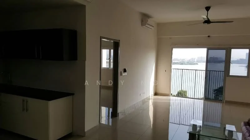 Living features: floor-to-ceiling windows, sliding glass door, white painted walls, glossy tile flooring, ceiling fan, recessed downlights, sofa, coffee table, TV console, view of water, open layout to kitchen; style: modern; view: water. Kitchen features: black countertop, white cabinetry, built-in oven, stainless-steel sink, single-bowl stainless-steel sink, chrome pull-down faucet; style: modern.