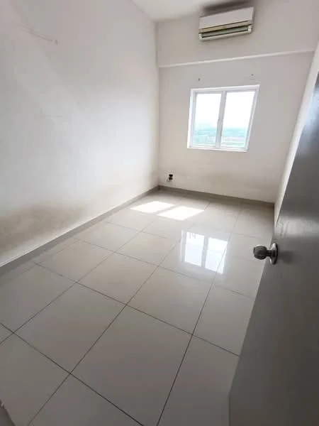 Room features: white painted walls, glossy ceramic tile flooring, single window, wall-mounted split AC, door with handle, natural light from window; style: minimalist; view: city.