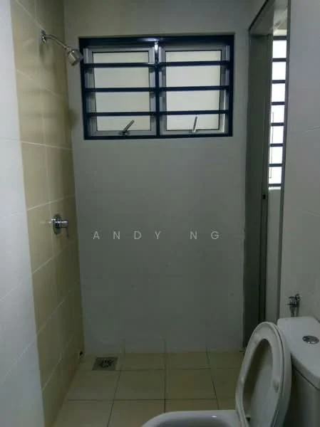 Bathroom features: shower with wall-mounted faucet, toilet, tile flooring, light-colored wall tiles, window with metal grille, drain in floor, mirror, corner shower area.
