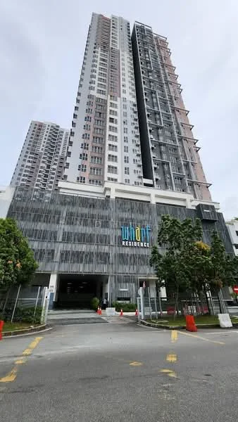 Exterior type: high-rise condominium; features: glass curtain wall, exposed concrete facade, projecting balconies, manicured lawn, mature trees, driveway with interlocking pavers, double-volume main lobby, feature water wall; style: modern.
