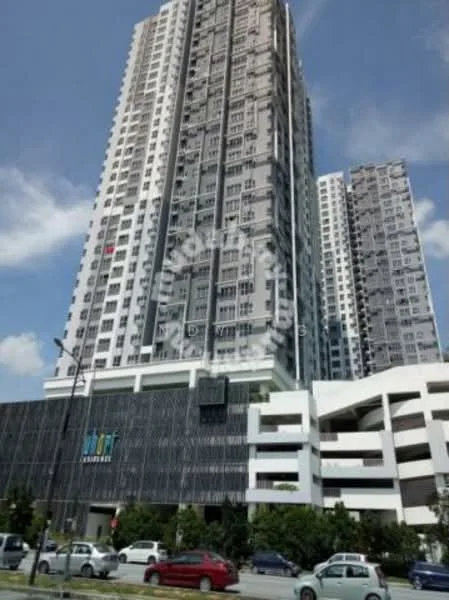 Exterior type: high-rise condominium; features: glass curtain wall, grey concrete facade, recessed balconies, multiple storeys, landscaped garden at base, open-air parking, signage visible, surrounded by greenery; style: modern.