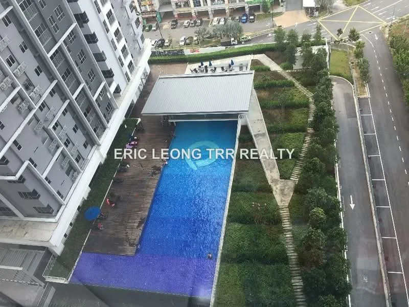 Exterior type: high-rise condominium; features: infinity pool, pool deck with loungers, landscaped garden, manicured lawn, surrounding greenery, covered pavilion, wooden decking, adjacent road, urban context; style: modern.