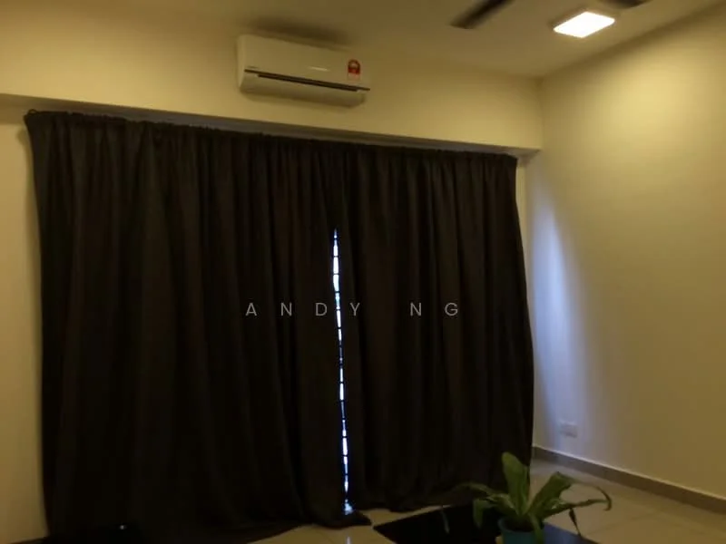 Room features: grey curtains, wall-mounted split AC, recessed ceiling lights, white painted walls, tile flooring, indoor plant in ceramic pot.