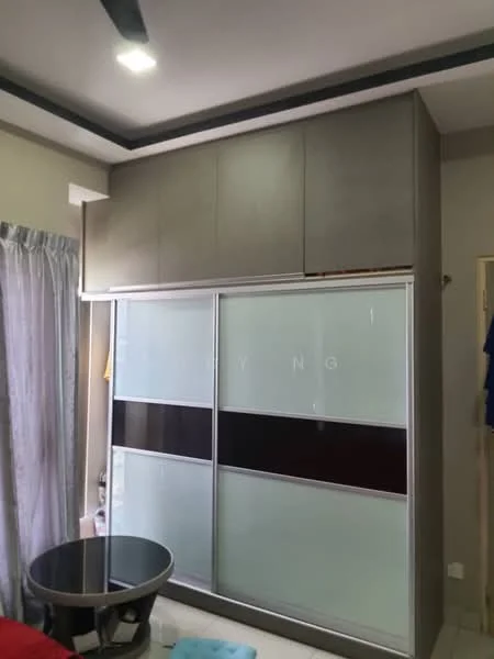 Room features: built-in wardrobe with sliding doors, grey cabinetry, white walls, ceiling with recessed lighting, curtains, small round table, flooring not visible; style: modern.