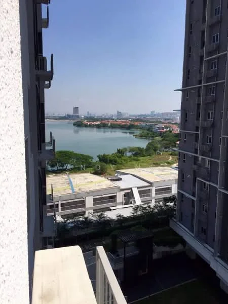 Exterior type: high-rise condominium; features: view of lake, surrounding greenery, nearby urban development, balcony railing, concrete facade, multiple storeys visible; style: modern.