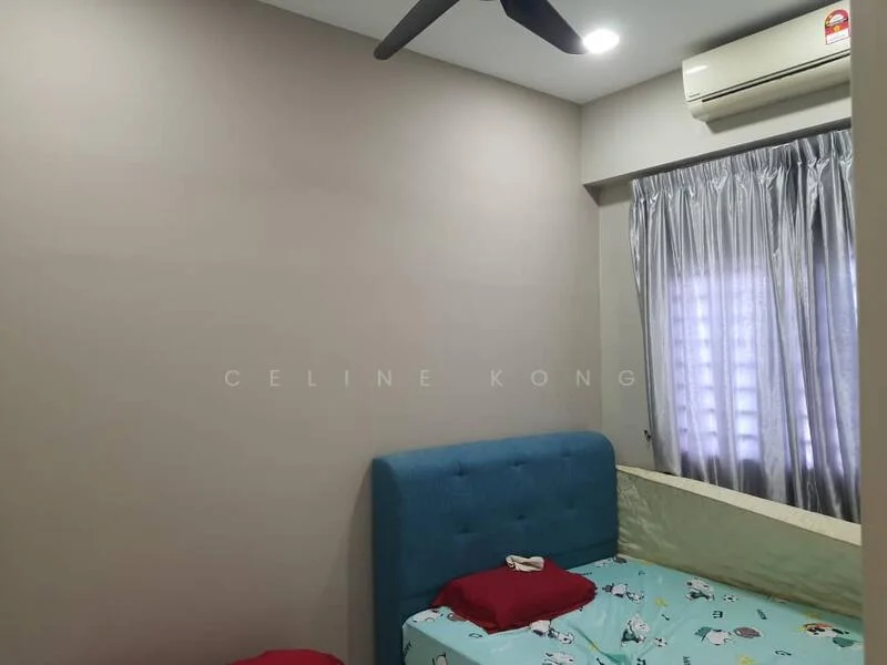 Bedroom features: blue upholstered headboard, queen-size bed, light grey painted walls, curtains with a silver sheen, floor-to-ceiling window, ceiling fan, wall-mounted split AC.