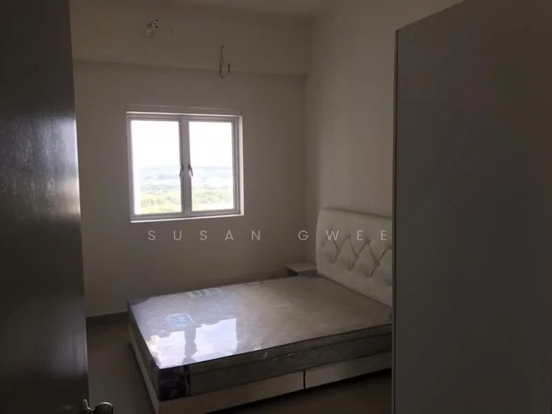 Bedroom features: queen-size bed, upholstered headboard, floor-to-ceiling window, white painted walls, light grey flooring, built-in wardrobe, simple bedside table, natural light from window; style: modern; view: city.