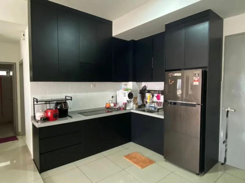 Kitchen features: black cabinetry, grey countertop, white tiled backsplash, stainless-steel fridge, built-in oven, 4-burner gas hob, single-bowl stainless-steel sink, chrome pull-down faucet, tile flooring, recessed downlights, kitchen island, open shelving, microwave, toaster, kettle; style: modern.