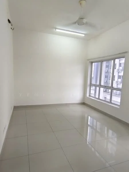 Room features: white painted walls, glossy ceramic tile flooring, ceiling fan, large windows, natural light, neutral color palette, no visible furniture, minimalist decor; style: modern; view: city.