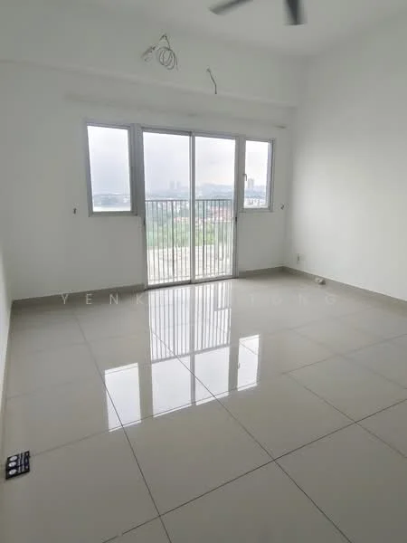 Room features: large floor-to-ceiling windows, sliding glass door, white painted walls, polished ceramic tile flooring, ceiling fan, balcony view, neutral color scheme, no visible furniture; style: modern; view: city.