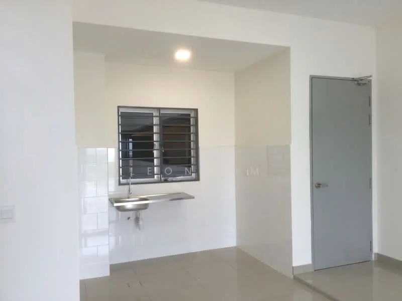 Room features: white painted walls, grey tiled flooring, single-bowl stainless-steel sink, window with metal grille, flush door, ceiling light; style: modern.