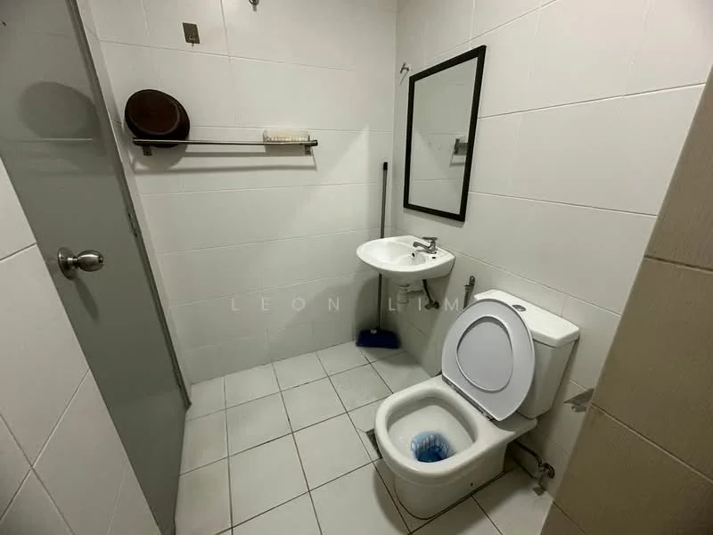 Bathroom features: white tiled walls, white ceramic floor tiles, single-sink vanity with mirror, chrome basin mixer faucet, one-piece toilet, toilet brush holder, towel rack, shower area with glass door; style: modern.