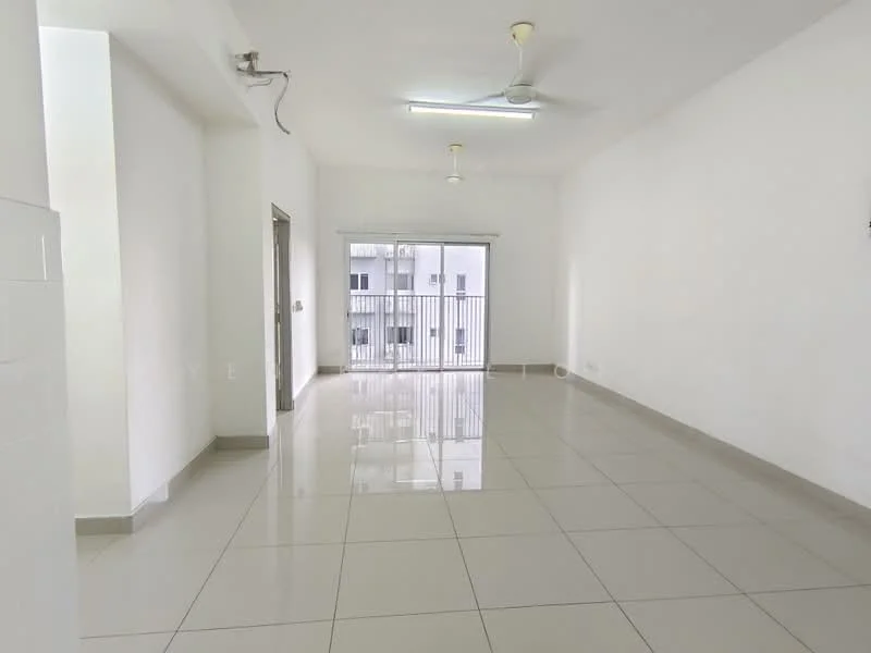 Living features: white painted walls, glossy ceramic tile flooring, 2 ceiling fans, sliding glass door, floor-to-ceiling windows, natural light from windows, neutral color scheme, open layout; style: modern.