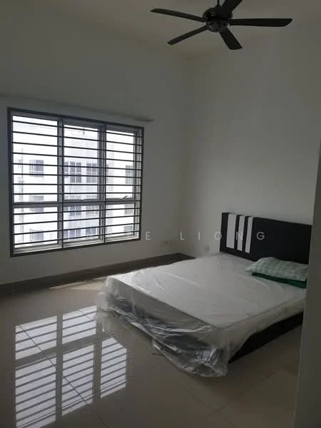 Bedroom features: white painted walls, polished ceramic tile flooring, 5-blade ceiling fan, floor-to-ceiling windows, black upholstered headboard, single bed, window with horizontal metal grilles, natural light from window; style: modern.