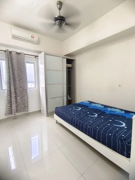 Bedroom features: single bed with blue bedding, white bed frame, built-in wardrobe with sliding glass doors, 1 wall-mounted split AC, grey curtains, white painted walls, glossy tile flooring, ceiling fan with light; style: modern.