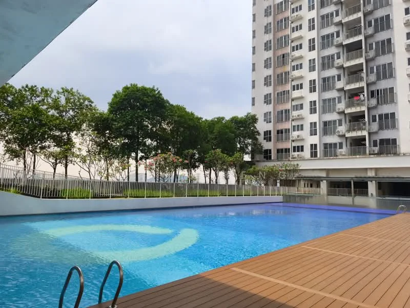 Exterior type: high-rise condominium; features: infinity pool, pool deck with wooden flooring, landscaped garden with trees, surrounding greenery, residential building facade with balconies, glass railing around pool area; style: modern.