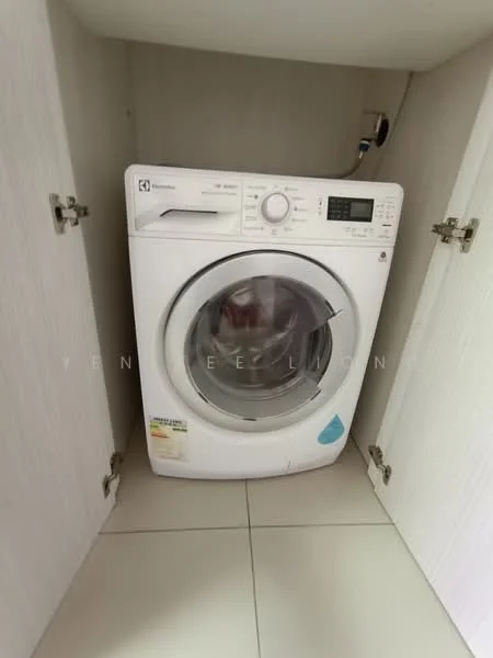Laundry features: front-load washing machine, white appliance, built-in cabinetry, light-colored cabinet doors, tile flooring, hidden storage space; style: modern.