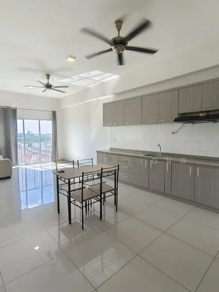 Kitchen features: grey cabinetry, white tiled backsplash, stainless-steel sink, chrome pull-down faucet, built-in stove, 4-burner gas hob, recessed downlights, marble tile flooring, floor-to-ceiling windows, dining table with four chairs, 2 ceiling fans; style: modern; view: city.